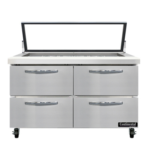 Continental Refrigerator SW48N18M-HGL-D 48" W Two-Section Four Drawer Mighty Top Sandwich Unit with Hinged Glass Lid