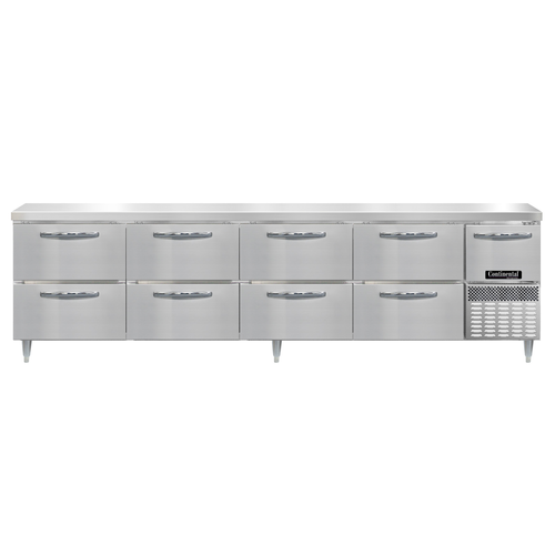 Continental Refrigerator DRA118NSS-D 118"W Eight Drawer and One Drawer Stainless Steel Designer Line Refrigerated Base Worktop Unit