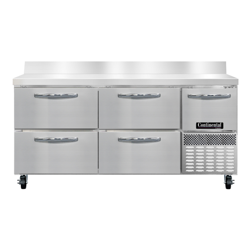 Continental Refrigerator FA68NBS-D 68"W Four Drawer and One Door Stainless Steel Freezer Base Worktop Unit With 6"H Backsplash