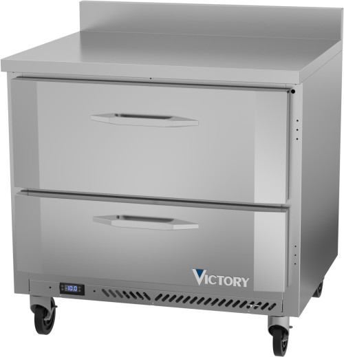 Victory VWFD36HC-2 36"W Two Drawer Stainless Steel Worktop Freezer Counter With 4" High Foamed In Place Backsplash