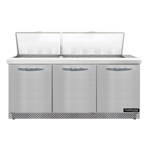 Continental Refrigerator D72N27M-FB 72" W Three-Section Three Door Designer Line Mighty Top Sandwich Unit