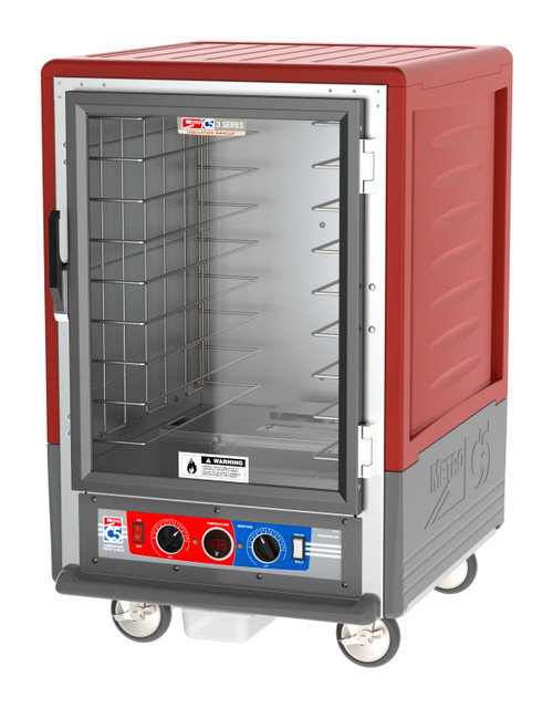 Metro C535-CLFC-4 C5 3 Series Red Half-Size Insulated Low Wattage Heated Holding & Proofing Cabinet with Clear Door and Fixed Wire Slides - 120V