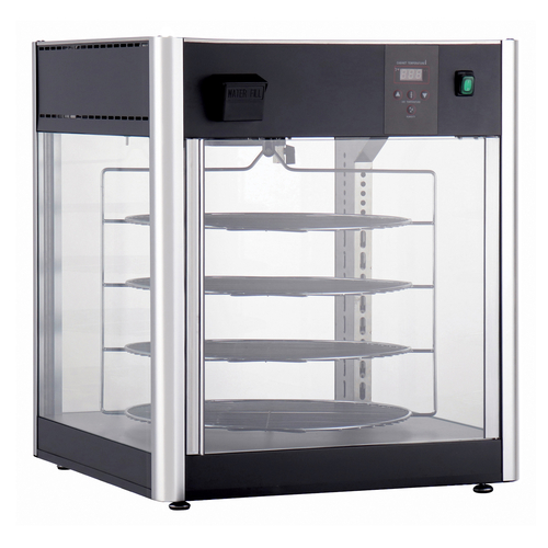 Winco EDM-1K 25.25" W Stainless Steel & Glass 4 Shelves Heated Pizza Merchandiser - 1500 Watts