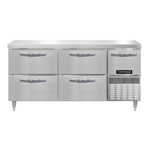 Continental Refrigerator DRA68NSS-D 68"W Four Drawer and One Door Stainless Steel Designer Line Refrigerated Base Worktop Unit