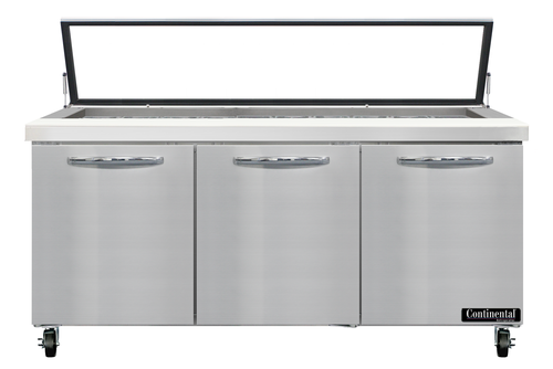 Continental Refrigerator SW72N30M-HGL 72" W Three-Section Three Door Mighty Top Sandwich Unit with Hinged Glass Lid