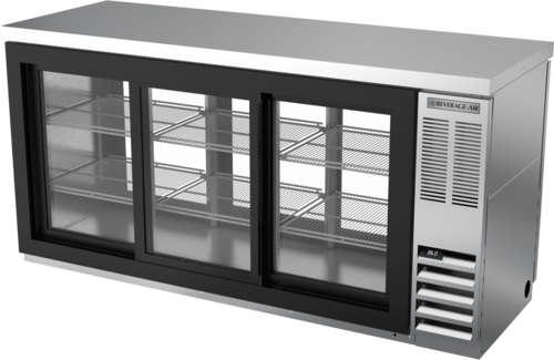 Beverage Air BB72HC-1-GS-F-PT-S-27 72"W Three-Section Glass Door Refrigerated Open Food Rated Back Bar Pass-Thru Storage Cabinet