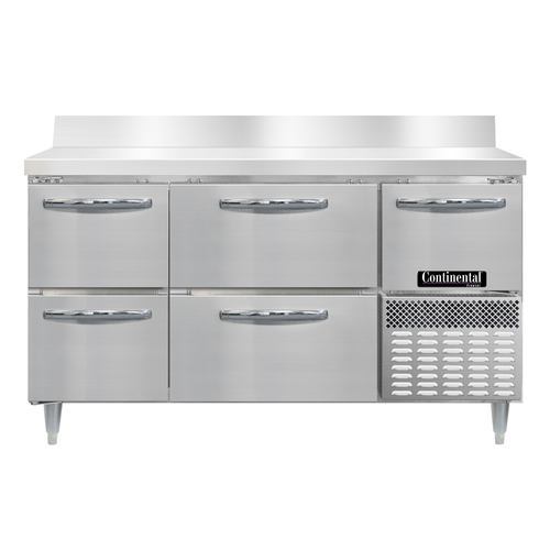 Continental Refrigerator DFA60NSSBS-D 60"W Two Drawer and Two Door Stainless Steel Designer Line Freezer Base Worktop Unit With 5 1/2"H Backsplash