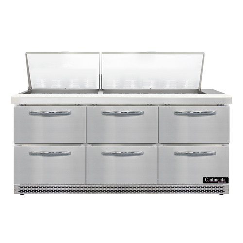 Continental Refrigerator D72N27M-FB-D 72" W Three-Section Six Drawer Designer Line Mighty Top Sandwich Unit