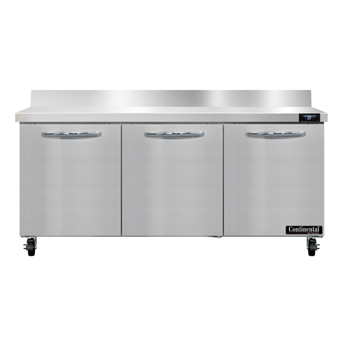 Continental Refrigerator SW72NBS 72"W Three Door Stainless Steel Work Top Refrigerator With 5 1/2" Backsplash