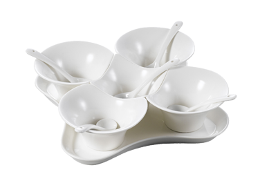 CAC China PTB-11Set Bone White Porcelain Paris-French Champagne Condiment Bowls and Tray Set (12 Set Per Case)