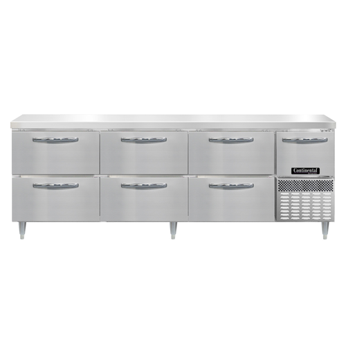 Continental Refrigerator DRA93NSS-D 93"W Six Drawer and One Door Stainless Steel Designer Line Refrigerated Base Worktop Unit