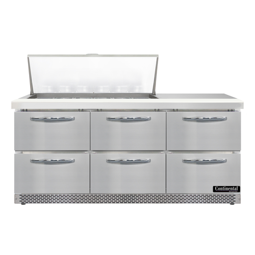 Continental Refrigerator D72N18M-FB-D 72" W Three-Section Six Drawer Designer Line Mighty Top Sandwich Unit