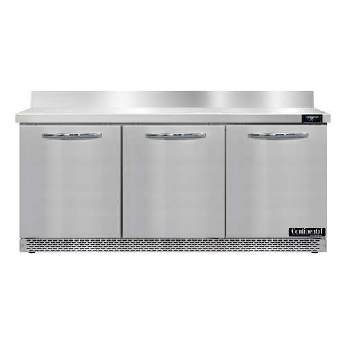Continental Refrigerator SW72NBS-FB 72"W Three Door Stainless Steel Work Top Refrigerator With 5 1/2"H Backsplash
