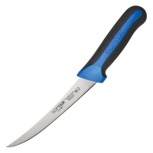Winco KSTK-60 6" Black and Blue Curved Sof-Tek Boning Knife with TPR Handle