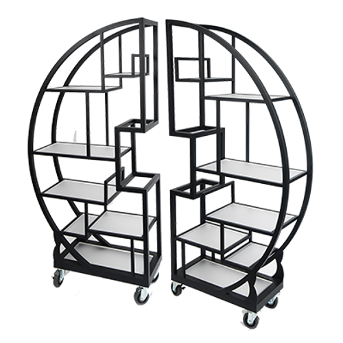 Eastern Tabletop AC1790MB 72-1/2"W x 13-3/4"D x 70-1/4"H Black 18/10 Stainless Steel Cartwheel Mobile Back Bar Display