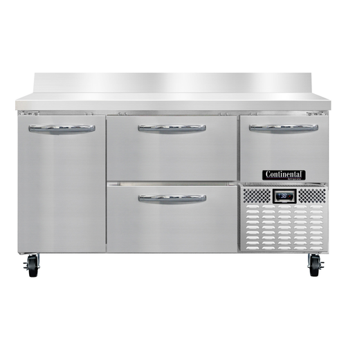 Continental Refrigerator RA60NBS-D 60"W Two Drawer and One Door Stainless Steel Refrigerated Base Worktop Unit With 5 1/2"H Backsplash
