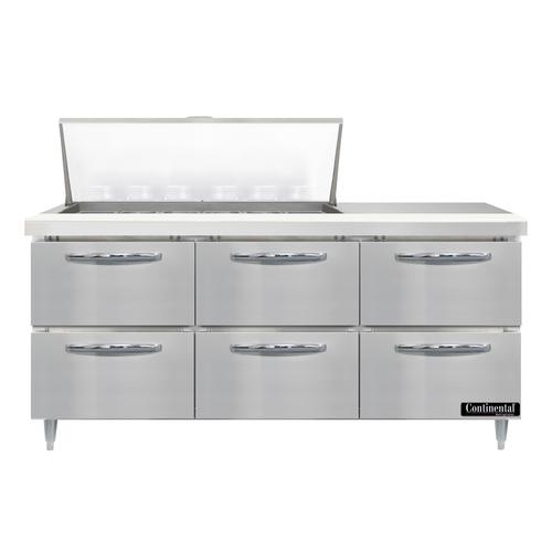 Continental Refrigerator D72N18M-D 72" W Three-Section Six Drawer Designer Line Mighty Top Sandwich Unit