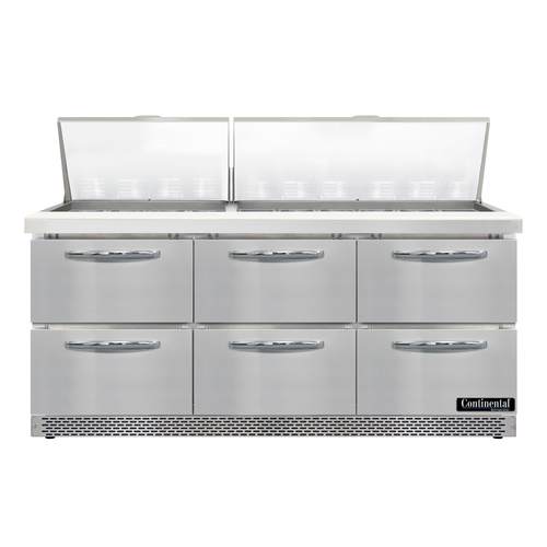 Continental Refrigerator D72N30M-FB-D 72" W Three-Section Six Drawer Designer Line Mighty Top Sandwich Unit