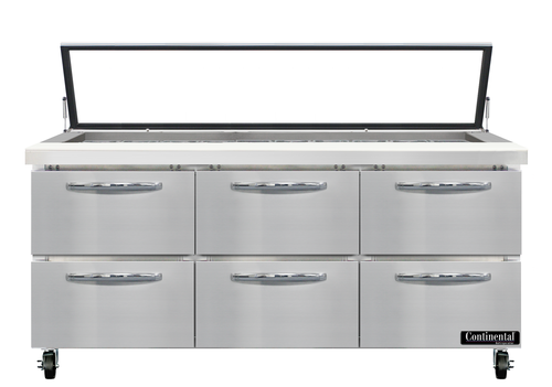 Continental Refrigerator SW72N30M-HGL-D 72" W Three-Section Six Drawer Mighty Top Sandwich Unit with Hinged Glass Lid