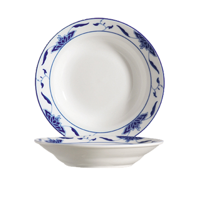 CAC China 103-38 8" Dia. 8 Oz. Porcelain Bone White Round Blue Lotus Soup Plate (3 Dozen Per Case)