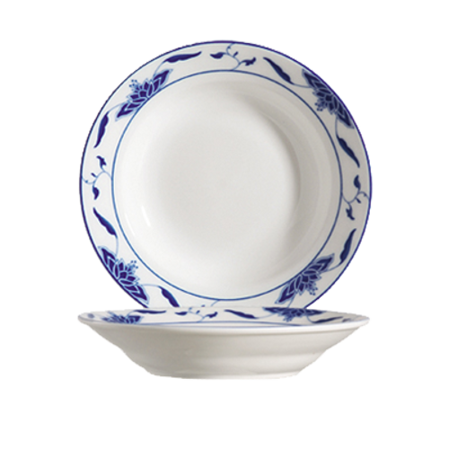 CAC China 103-38 8" Dia. 8 Oz. Porcelain Bone White Round Blue Lotus Soup Plate (3 Dozen Per Case)