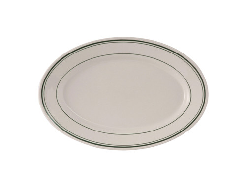 Tuxton TGB-012 Ceramic American White/Eggshell With Green Band Oval / Oblong Platter (2 Dozen Per Case)