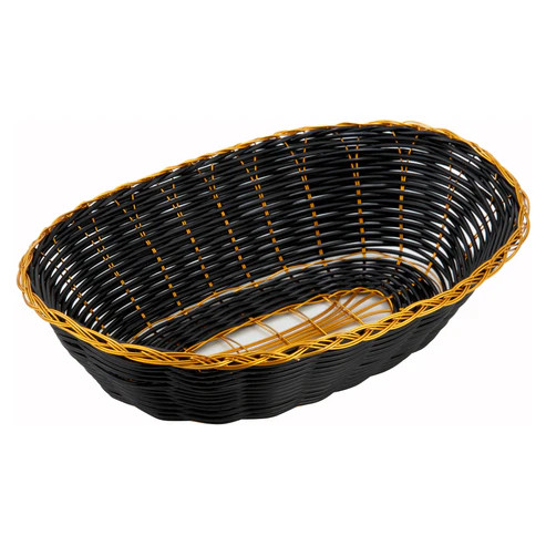 Winco PWBK-9V
 Polypropylene
 Black With Gold Trim
 Oval
 Woven Basket
 12 Dozen (Contains 1 Dozen)
