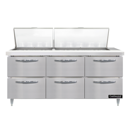 Continental Refrigerator D72N27M-D 72" W Three-Section Six Drawer Designer Line Mighty Top Sandwich Unit