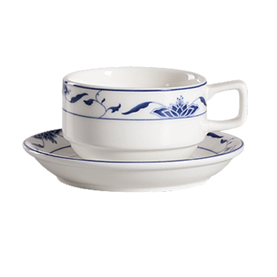 CAC China 103-2 5.5" Dia. Bone White Porcelain Round Blue Lotus Saucer (3 Dozen Per Case)