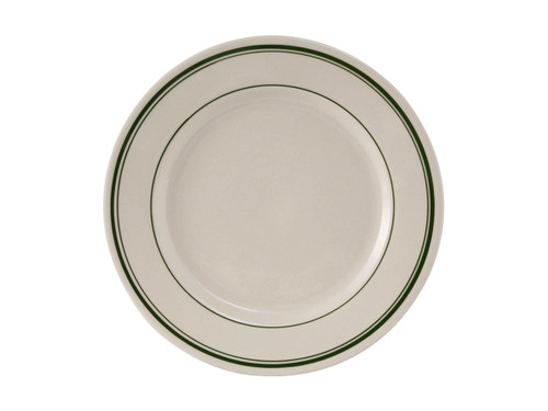 Tuxton TGB-008 9" Ceramic American White/Eggshell With Green Band Round Plate (2 Dozen Per Case)