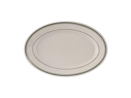 Tuxton TGB-034 Ceramic American White/Eggshell With Green Band Oval / Oblong Platter (2 Dozen Per Case)