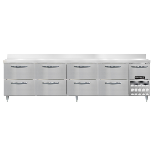 Continental Refrigerator DRA118NSSBS-D 118"W Eight Drawer and One Door Stainless Steel Designer Line Refrigerated Base Worktop Unit With 6"H Backsplash
