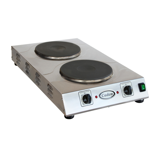 Cadco CDR-3K-E 15" Watts x 4.25" H x25.5" D Stainless Steel Housing Wattsith (2) 9" Solid Cast Iron Burners Electric Countertop Portable Hot Plate - 220 Volts 3000 Watts