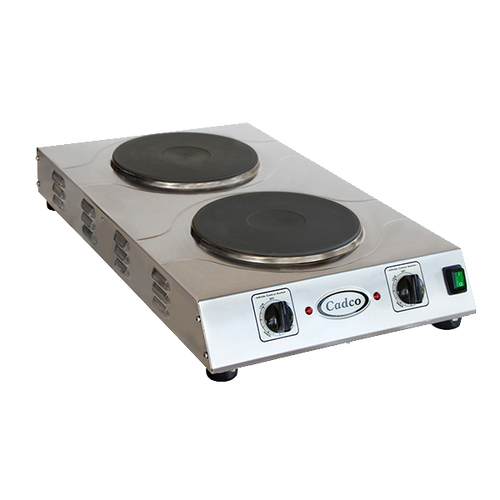 Cadco CDR-3K-E 15" Watts x 4.25" H x25.5" D Stainless Steel Housing Wattsith (2) 9" Solid Cast Iron Burners Electric Countertop Portable Hot Plate - 220 Volts 3000 Watts