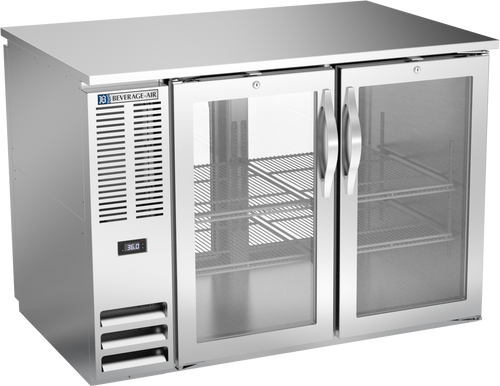 Beverage Air BB48HC-FG-PT-S 48" W Two-Section Glass Door Refrigerated Pass-Thru Back Bar Open Food Rated Refrigerator - 115 Volts