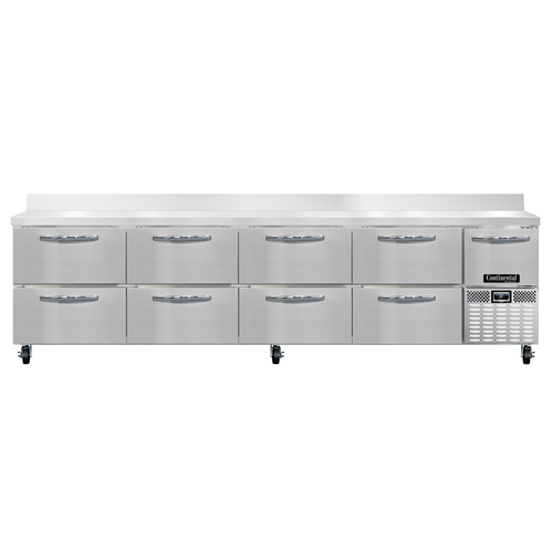 Continental Refrigerator RA118NBS-D 118"W Eight Drawer and One Door Stainless Steel Refrigerated Base Worktop Unit With 6"H Backsplash
