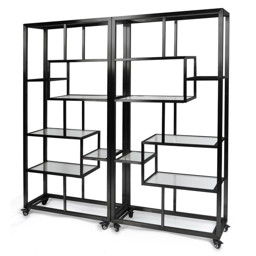 Eastern Tabletop AC1760MB 71”W x 14”D x 73”H Square Black Stainless Steel Square Mobile Back Bar Display