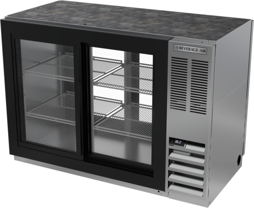 Beverage Air BB48HC-1-GS-F-PT-S 48"W Two-Section Glass Door Refrigerated Pass-Thru Food Rated Back Bar Storage Cabinet