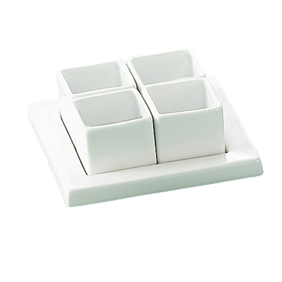 CAC China DT-SQ5 Super White Porcelain Square Gourmet Collection Tray and Bowl Set (10 Set Per Case)