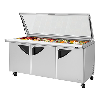 Turbo Air TST-72SD-30-N-GL 72.63" W Three-Section Three Door Super Deluxe Sandwich/Salad Mega Top Unit with Glass Lids