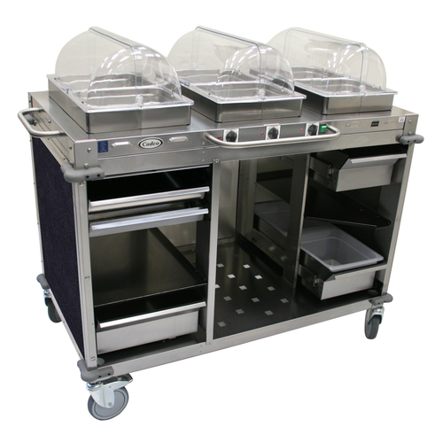 Cadco CBC-HHH-L4-4 55.5" W Gray Stainless Steel Electric MobileServ Mobile Hot Buffet Cart - 120 Volts