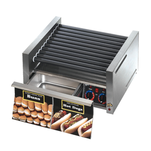 Star 30SCBDE Grill-Max Hot Dog Grill 12.5" x 23.75" x 20.63" Roller Type with Integrated Bun Drawer Capacity 30 Hot Dogsand 32 Buns
