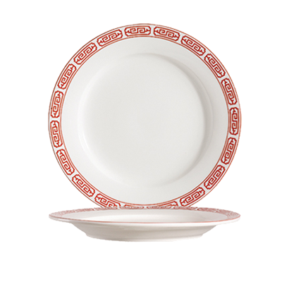 CAC China 105-7 7.25" Dia. Bone White Porcelain Round Red Gate Plate (5 Dozen Per Case)