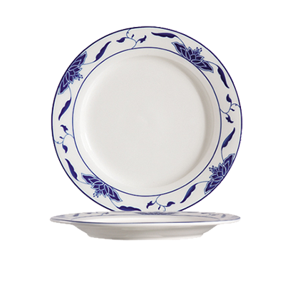 CAC China 103-16 10.25" Dia. Bone White Porcelain Round Blue Lotus Plate (2 Dozen Per Case)