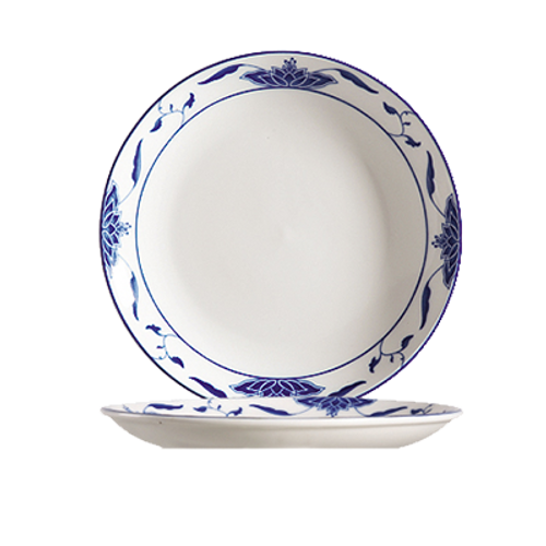 CAC China 103-21C 12" Dia. Bone White Porcelain Round Blue Lotus Plate (1 Dozen)