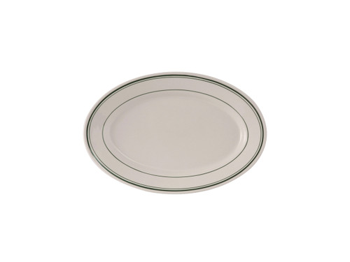 Tuxton TGB-033 Ceramic American White/Eggshell With Green Band Oval / Oblong Platter (3 Dozen Per Case)