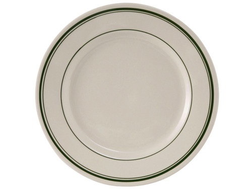 Tuxton TGB-021 12" Ceramic American White/Eggshell With Green Band Round Plate (1 Dozen)