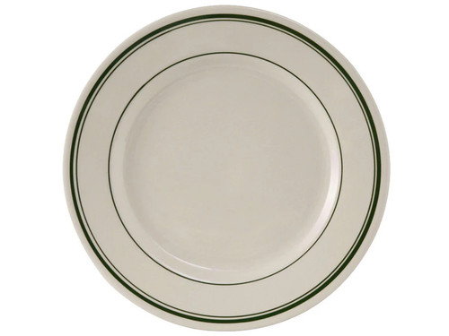 Tuxton TGB-021 12" Ceramic American White/Eggshell With Green Band Round Plate (1 Dozen)