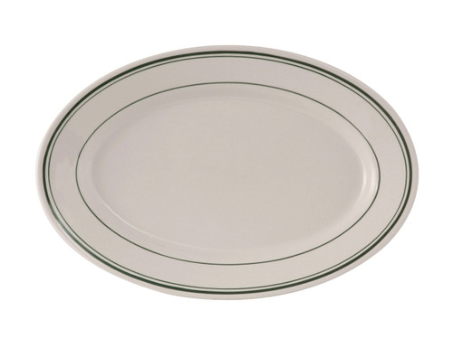 Tuxton TGB-039 Ceramic American White/Eggshell With Green Band Oval / Oblong Platter (1 Dozen)