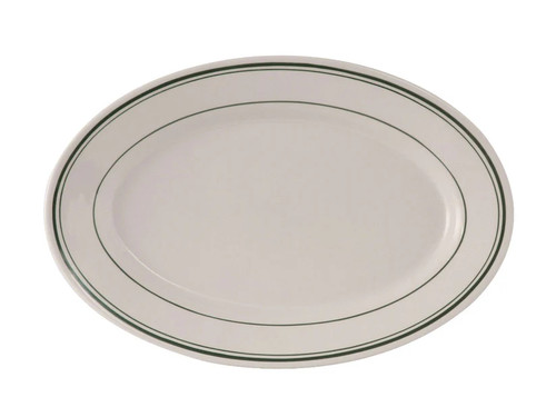 Tuxton TGB-039 Ceramic American White/Eggshell With Green Band Oval / Oblong Platter (1 Dozen)